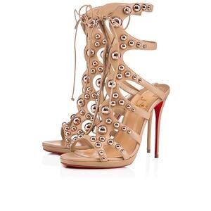 Christian Louboutin Amazoubille 120 Nude Beige Gold Stud Sandal Heel Pump 35